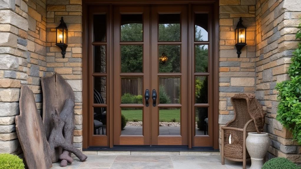 A stylish French door with decorative hardware