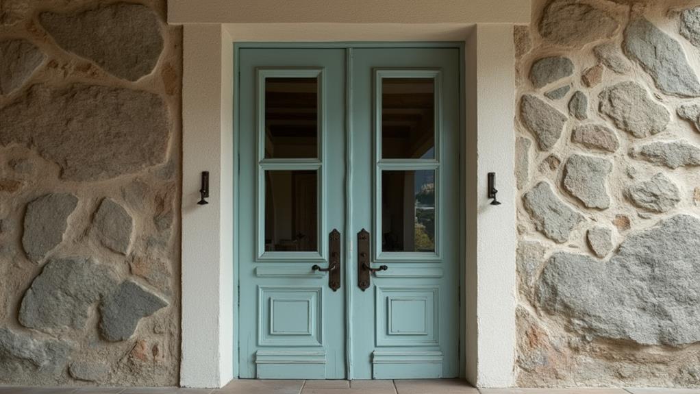 A rustic pair of French doors with decorative hardware