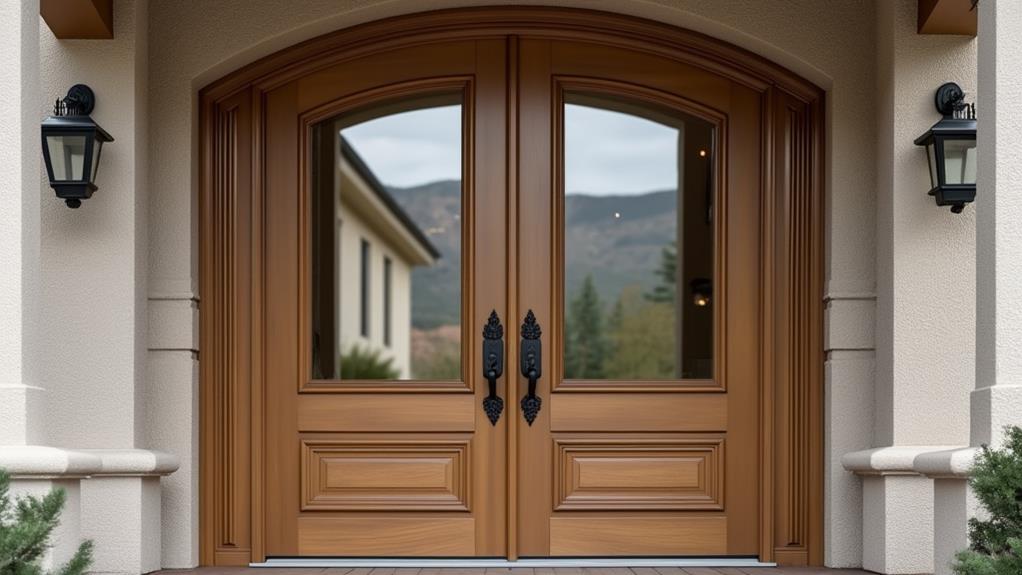 A beautiful pair of French doors with decorative hardware.